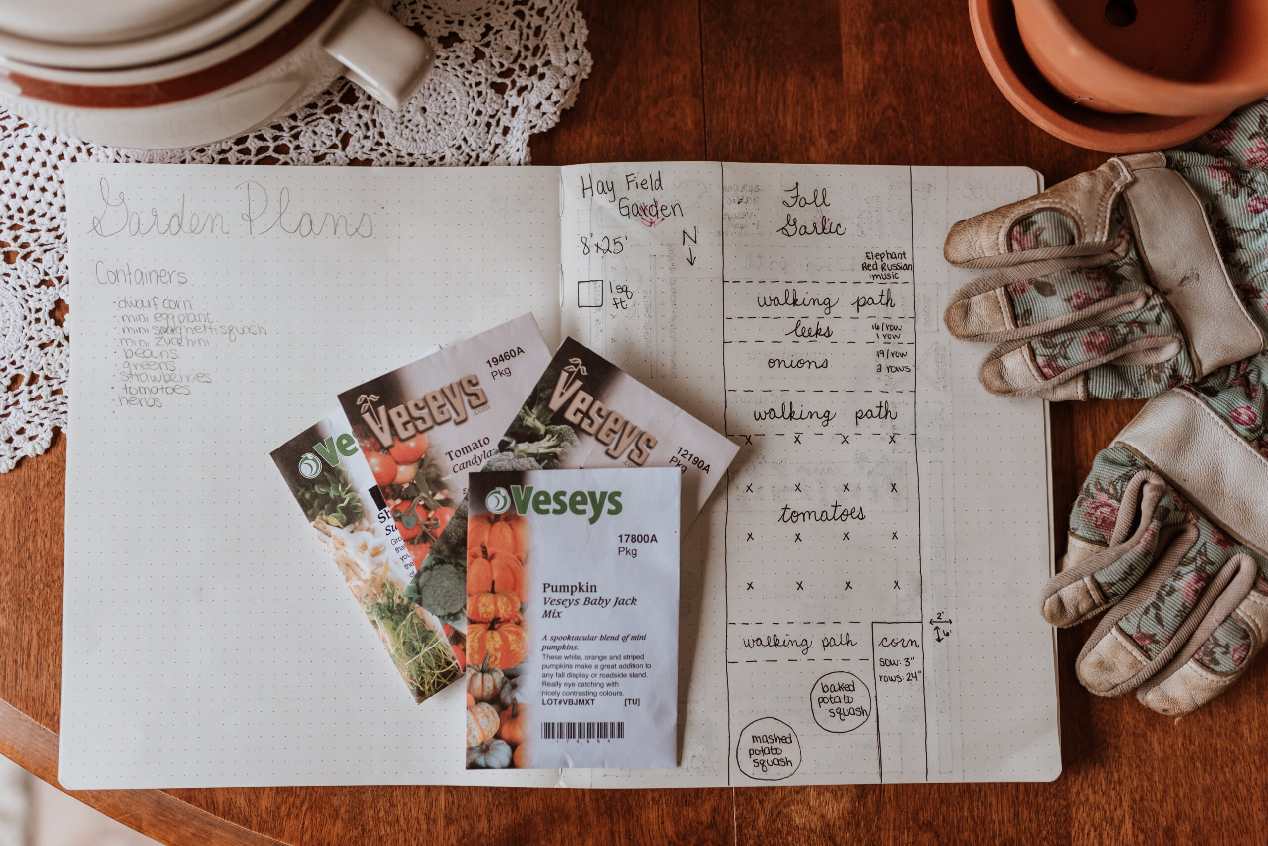 A notebook labeled 'Garden Plans' with seed packets and gardening gloves, outlining a planting strategy.