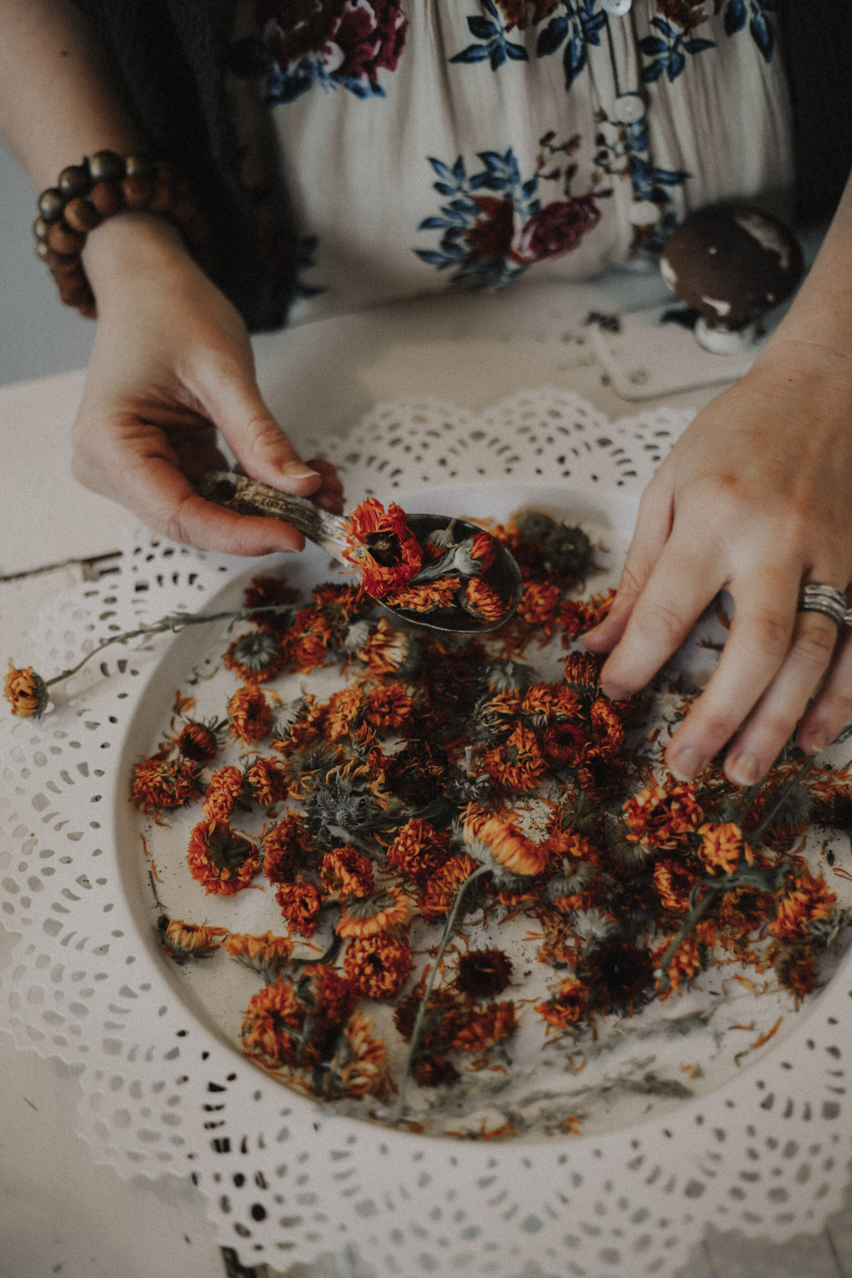 Close-up of hands preparing dried orange flowers on a white lace doily.