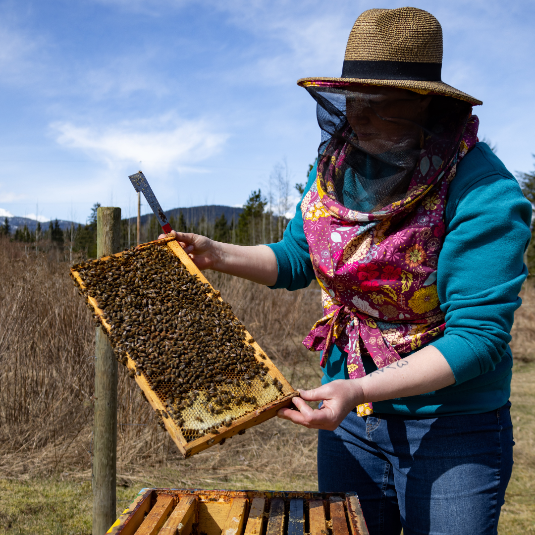 Christine shows a part of her bee house