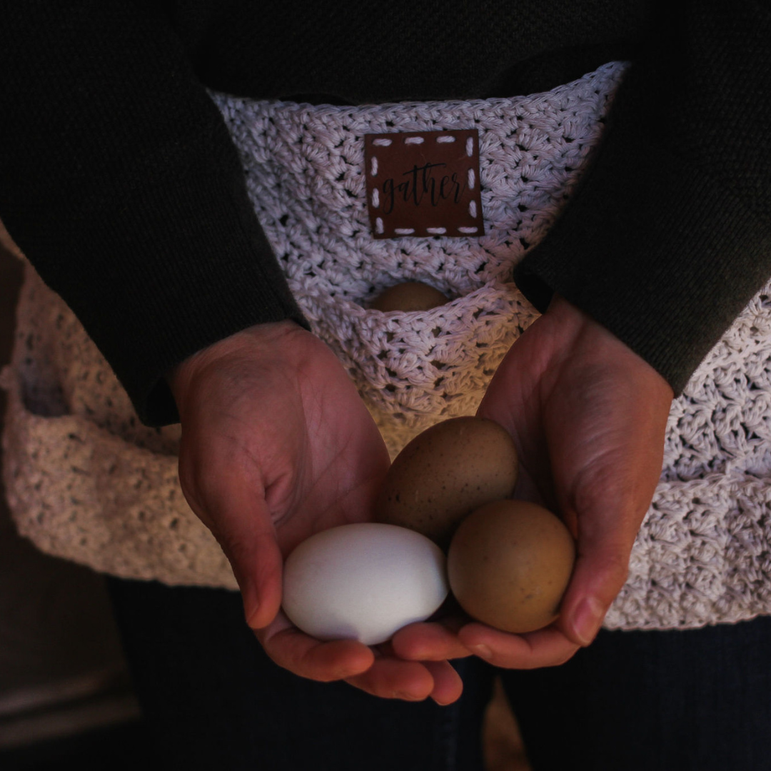 hands hold three eggs in front of a homemade egg apron